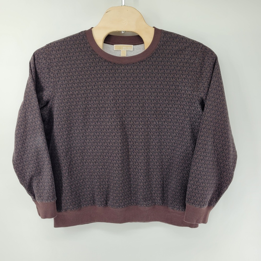 Michael Kors Sweatshirt Mens Large Brown MK Logo Monogram Crewneck All Over